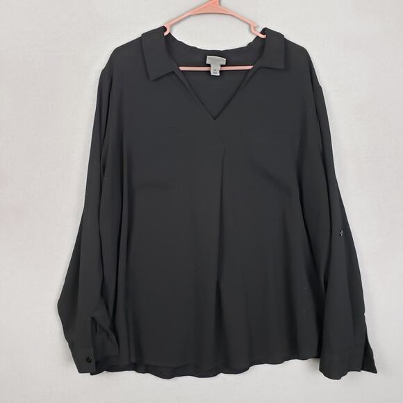 Ava & Viv Plus Size 3X Collared Popover Blouse Solid Black Office Secretary Work - Picture 1 of 5